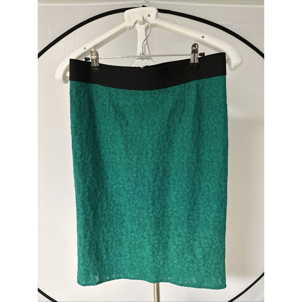 Alfani Women's Sz 6 Lacey Green Pencil Skirt Black Band Waist Gold Zipper